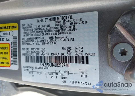 2020 Ford Fusion Hybrid Se from USA, damaged, VIN 3FA6P0LU4LR212740